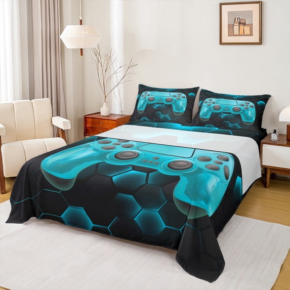 Erosebridal Vintage Gamepad Bed Sheets Set Twin Size, Neon Blue Bed Sheets Twin, Honeycomb Geometry Decor