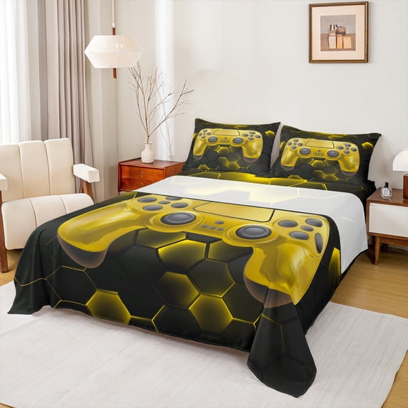 Erosebridal Vintage Gamepad Bed Sheets Set Twin Size, Yellow Bed Sheets Twin, Honeycomb Geometry Decor 3pcs