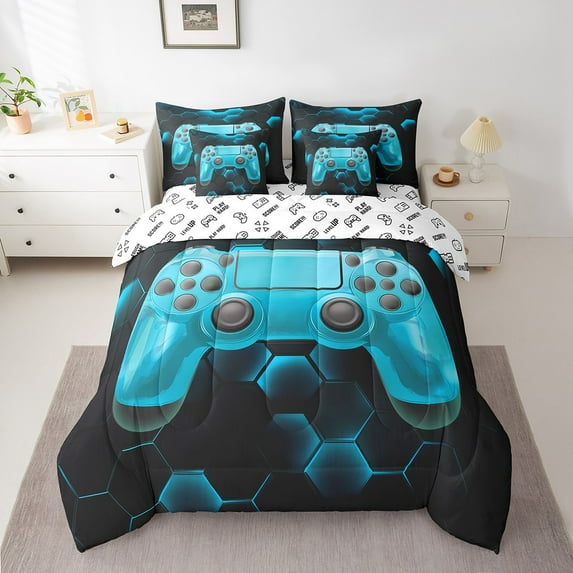 Erosebridal Vintage Gamepad Bedding Full Size, Neon Blue Bed in a Bag Full size, Honeycomb Geometry Decor, Reversible