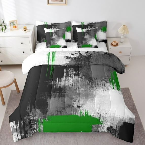 Erosebridal Vintage Geometric Art Bed in a Bag King Size,Slashing Ink Style Bed Set,Green Black Ombre Bedding King Size,Super Cozy Bedroom Decor Reversible,7 Pieces