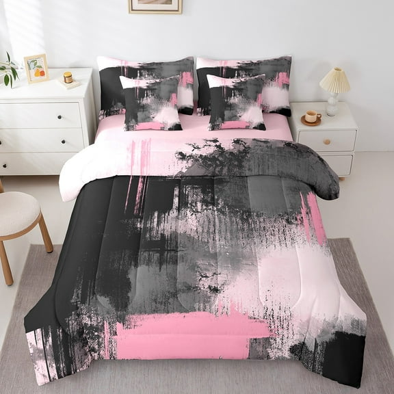 Erosebridal Vintage Geometric Art Bedding Sets Twin Size,Slashing Ink Style Comforter Sets with Sheets,Pink Black Ombre Bed in a Bag Twin Size,Super Cozy Bedroom Decor Reversible,7-Piece