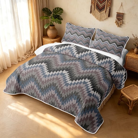 Erosebridal Vintage Geometric Bed Spread Queen, Traditional Wave Stripe Queen Coverlet Set, Charcoal Mauve Slate 3-Piece, 1 Quilt and 2 Pillowcases