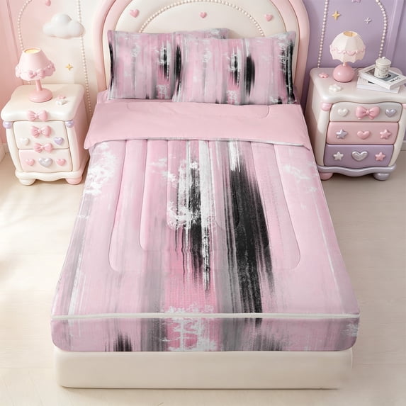 Erosebridal Vintage Graffiti Lines Zipper Twin Comforter Sets with Fitted Sheet and 2 Pillowcases,Pink Black Gradient Zipper Bedding Set For Girls,Pink Reversible,4pcs