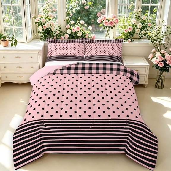 Erosebridal Vintage Grid Queen Comforter Set,Kawaii Polka Dot Comforter Sets Queen,Pink Black,Pink Reversible,3pcs,1 Comforter and 2 Pillowcases,3pcs,1 Comforter and 2 Pillowcases