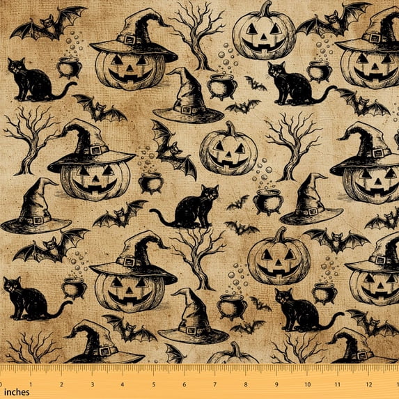 Erosebridal Vintage Halloween Pumpkin Fabric by the Yard 5 Yards, Witch Hat Black Cat Bat Fabric for Sewing