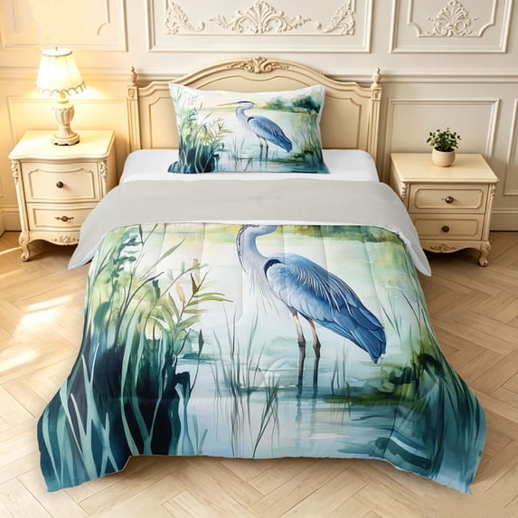 Erosebridal Vintage Heron Bird Twin Comforter Sets,Lovely Animals Bedding Set,Green Blue,Light Gray Reversible,2 Pieces,1 Comforter and 1 Pillowcase