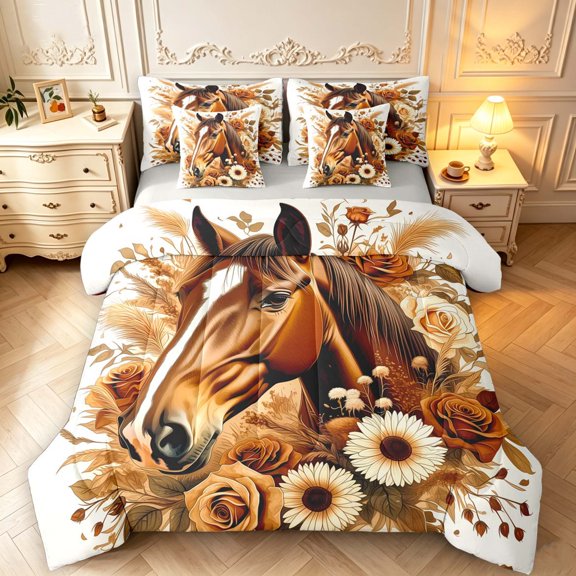 Erosebridal Vintage Horse 7 Pieces Full Size Bedding Sets,Rustic Roses Full Size Bed in a Bag,Light Gray Reversible
