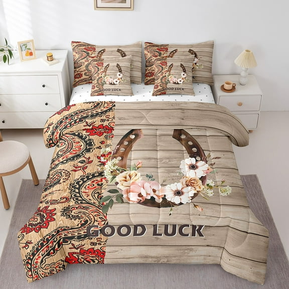 Erosebridal Vintage Horseshoes Bed in a Bag Queen Size, Rustic Farmhouse Bed Set, Bohemian Paisley Floral Bedding Queen Size, Western Cowboy Breathable Bedroom Decor,7 Pieces