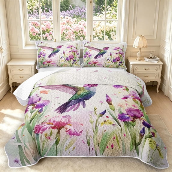Erosebridal Vintage Hummingbird Quilt Full,Lovely Flower Full Bedspread Sets,White Purple,3pcs,1 Coverlet and 2 Pillowcases