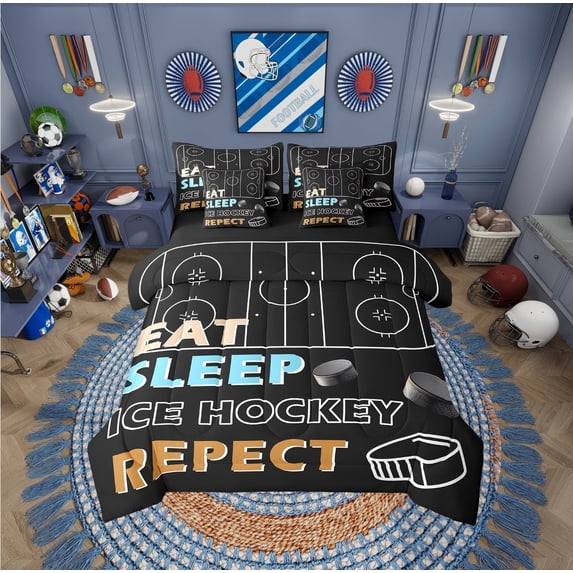 Erosebridal Vintage Ice Hockey Bedding Sets Twin with Comforter, Hockey Player Duvet Insert, Sports Lover Decor, Reversible 7pcs