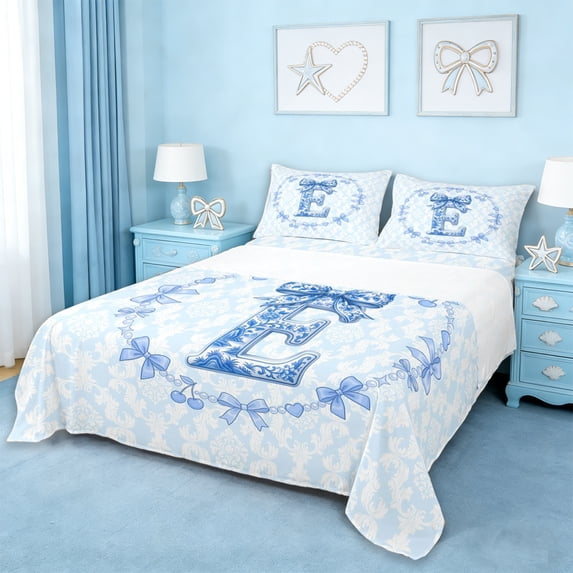 Erosebridal Vintage Initial Letter E Queen Sheet Sets,Kawaii Bowtie Cute Bows Bed Set For Girls Kids 4-Piece