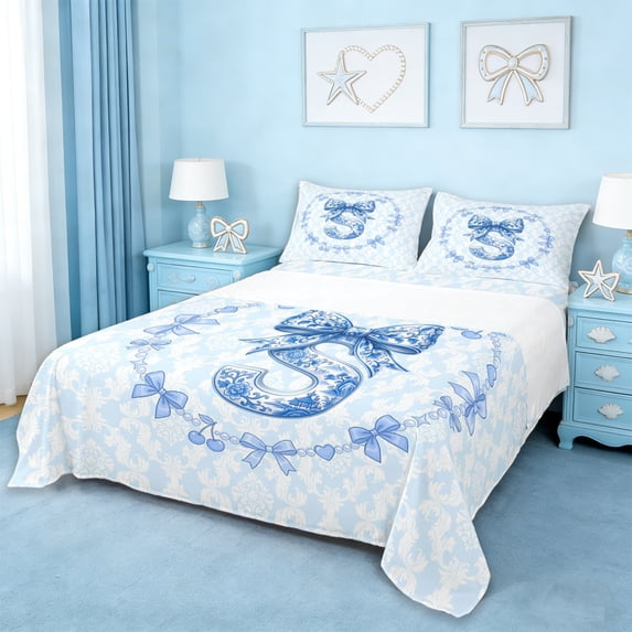 Erosebridal Vintage Initial Letter S Queen Sheet Sets,Kawaii Bowtie Cute Bows Bed Set For Girls Kids 4pcs