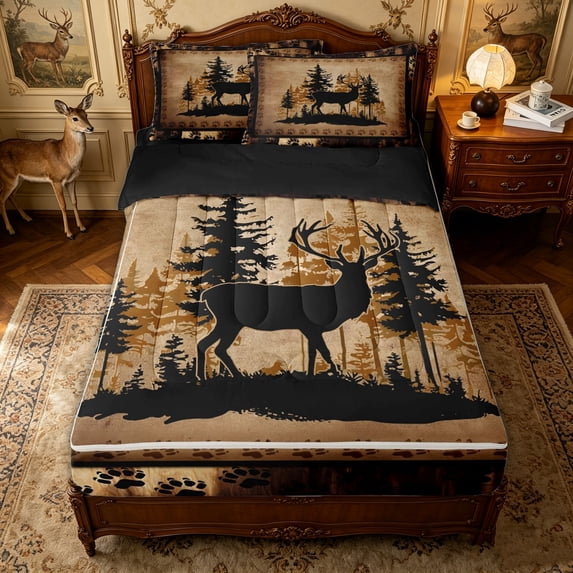 Erosebridal Vintage Jungle Deer Zipper Full Size Comforter Sets with Fitted Sheet and 2 Pillowcases for Women Men, Cabin Pine Tree Zipper Bedding Set, Black Reversible, 4pcs