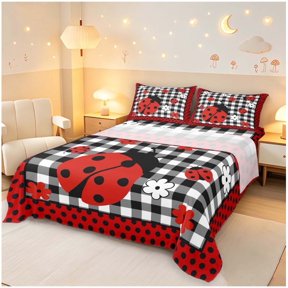 Erosebridal Vintage Ladybug Grid Bed Sheets,Romantic Daisy Flowers Full Size Sheets,Red Black,4-Piece,1 Flat Sheet,1 Fitted Sheet and 2 Pillowcases