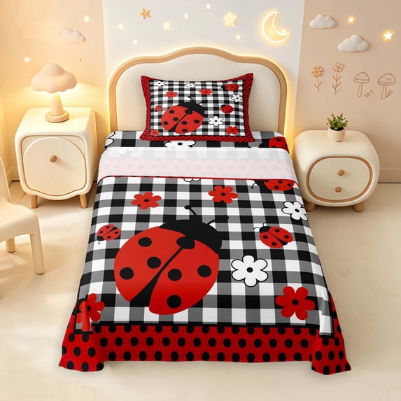 Erosebridal Vintage Ladybug Grid Twin Sheets,Romantic Daisy Flowers Bedding,Red Black,3pcs,1 Flat Sheet,1 Fitted Sheet and 1 Pillowcase