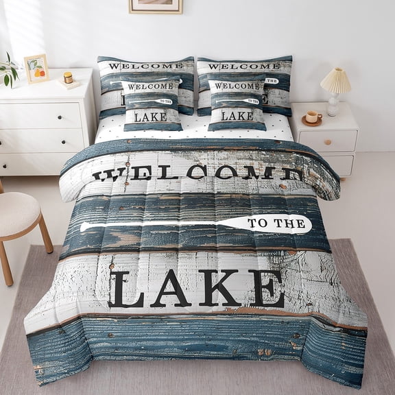 Erosebridal Vintage Lake House Bedding Queen Size,Rustic Farmhouse Cabin Bed Set,Old Barn Door Bedding Sets Queen Size,Lightweight Room Decoration Reversible,7pcs