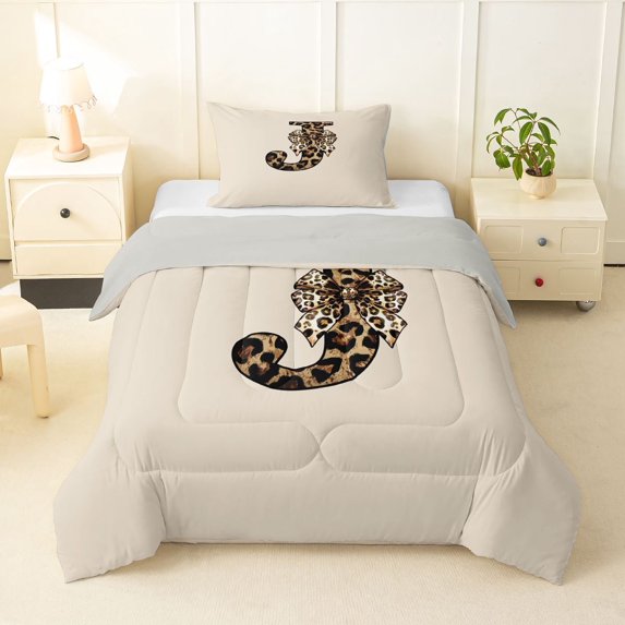 Erosebridal Vintage Leopard Print Bow Tie Twin Comforter Sets 3-Piece For Girls Boys,Adults Personalized Initial J Bedding Set,Grey Reversible