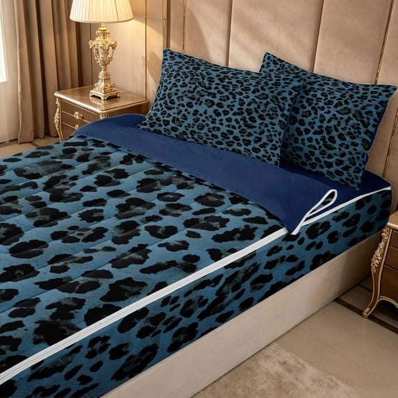 Erosebridal Vintage Leopard Print Zipper Full Size Comforter Sets with Fitted Sheet and 2 Pillowcases for Girls, Fashion Animal Spot Zipper Bedding Set, Navy Reversible, 4 Pieces