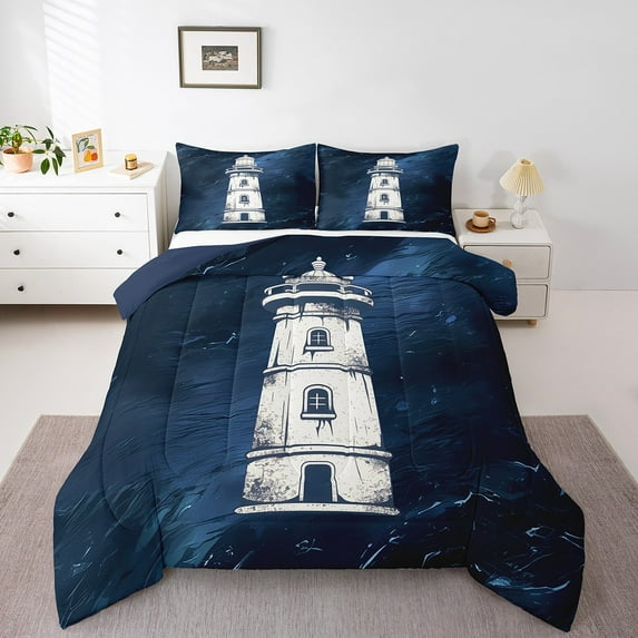 Erosebridal Vintage Lighthouse Bedding Twin Comforter Set, Nautical Theme Down Comforter, Navy Blue Bedroom Decor, Reversible 2-Piece