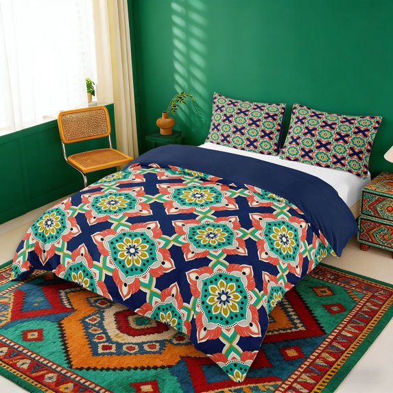 Erosebridal Vintage Mandala Plaid Queen Duvet Cover Set for Girls, Green Floral Bedding, Navy Reversible 3 Pieces, 1 Duvet Cover and 2 Pillowcases (No Comforter)