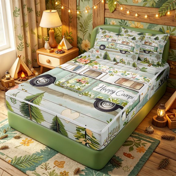 Erosebridal Vintage Mint Camper Zipper Twin Comforter Sets with Fitted Sheet and 2 Pillowcases,Pine Floral Wood Heart Accent Zipper Bedding Set,Sage Cream,4-Piece,Reversible