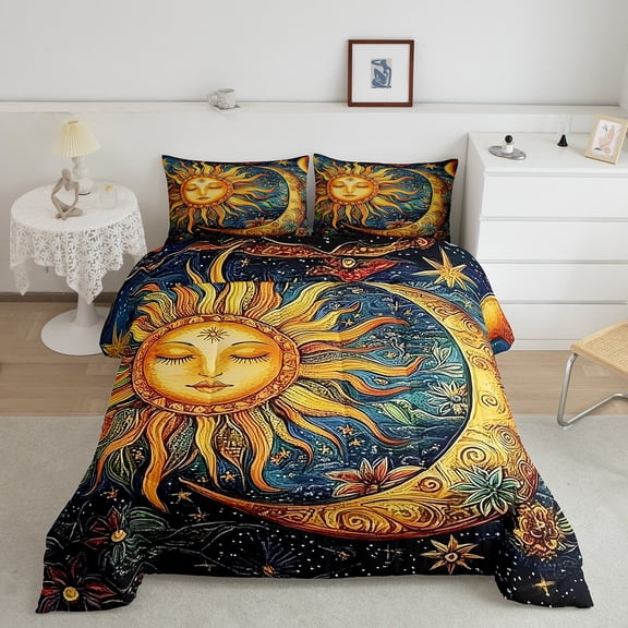 Erosebridal Vintage Moon Sun Bedding King Comforter Set, Oil Printing Down Comforter, Rustic Flower Decor, Lightweight 3pcs