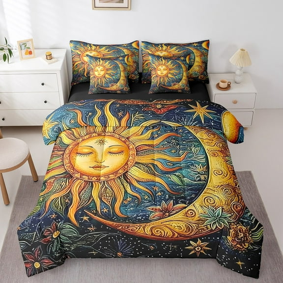 Erosebridal Vintage Moon Sun Bedding Twin Size, Oil Printing Bed in a Bag Twin size, Rustic Flower Decor, Reversible 7pcs