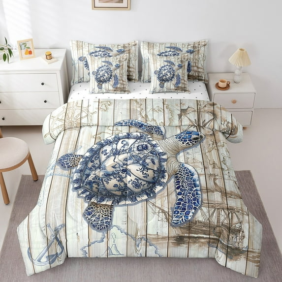 Erosebridal Vintage Nautical Bedding Queen Size, Floral Sea Turtle Bedding Sets Queen Size, Sailing Boat Decor, Reversible 7pcs
