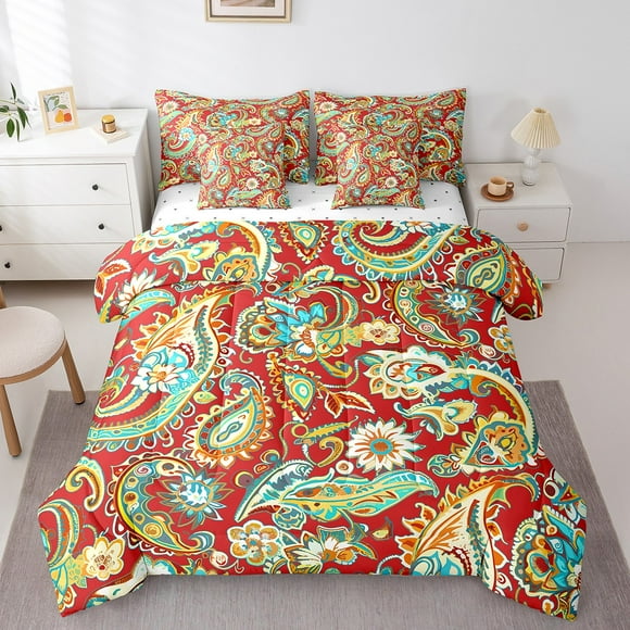 Erosebridal Vintage Paisley Bed in a Bag Full size, Bohomian Mandala Bed Set, Red Reversible Bedding Full Size, Ultra Soft Bedroom Decor, 7 Pieces