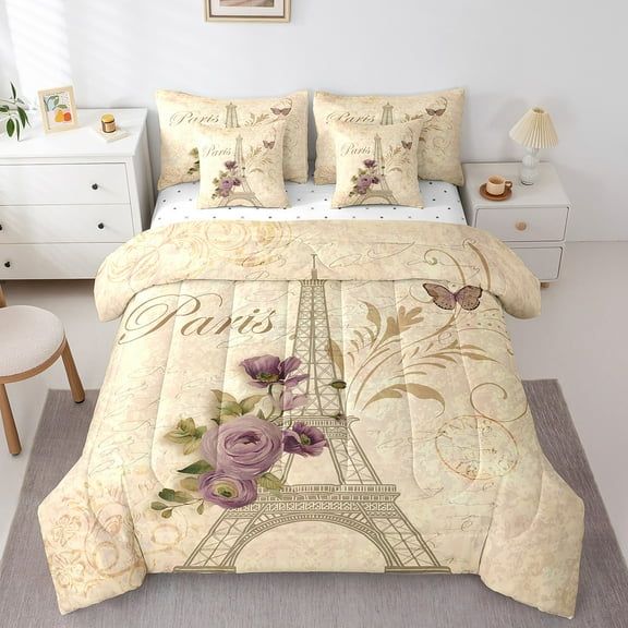 Erosebridal Vintage Paris Bedding Sets Twin Size, Eiffel Tower Comforter Sets with Sheets, Romantic Theme Home Decorative, Lightweight 7pcs