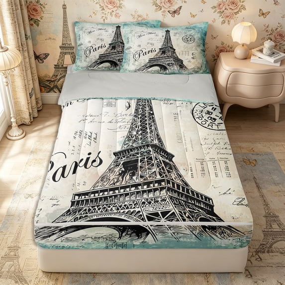 Erosebridal Vintage Parisian Zipper Twin Comforter Sets with Fitted Sheet and 2 Pillowcases,Eiffel Tower Pattern Zipper Bedding Set,Teal Black White,Grey Reversible