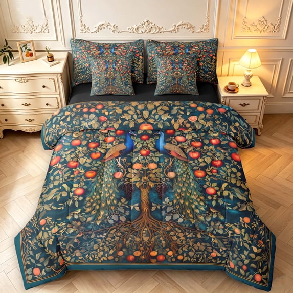 Erosebridal Vintage Peacock 7-Piece King Bedding,Watercolor Plants King Bed in a Bag,Teal Gold,Black Reversible