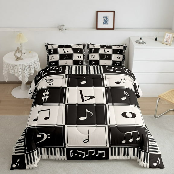 Erosebridal Vintage Piano Bedding Queen Comforter Set, Musical Note Down Comforter, Patchwork Music Decor, 3 Pieces