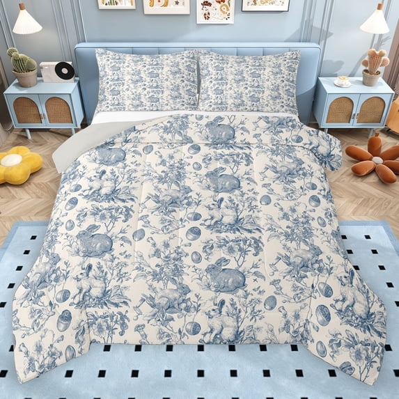 Erosebridal Vintage Rabbit Full Size Comforter Sets for Kids, Blue Beige Bedding Sets, Gray Reversible, 3pcs