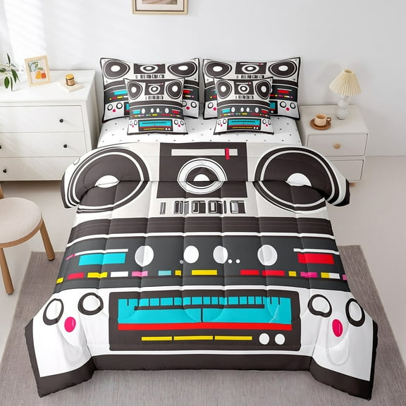Erosebridal Vintage Radio Cassette Tape Bedding Full Size, 70's 1970s Party Comforter Sets with Sheets, Music Theme Room Decor Lightweight 7 Pieces