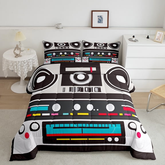 Erosebridal Vintage Radio Cassette Tape Bedding King Comforter Set, 70's 1970s Party Down Comforter, Music Theme Room Decor Microfiber 3 Pieces