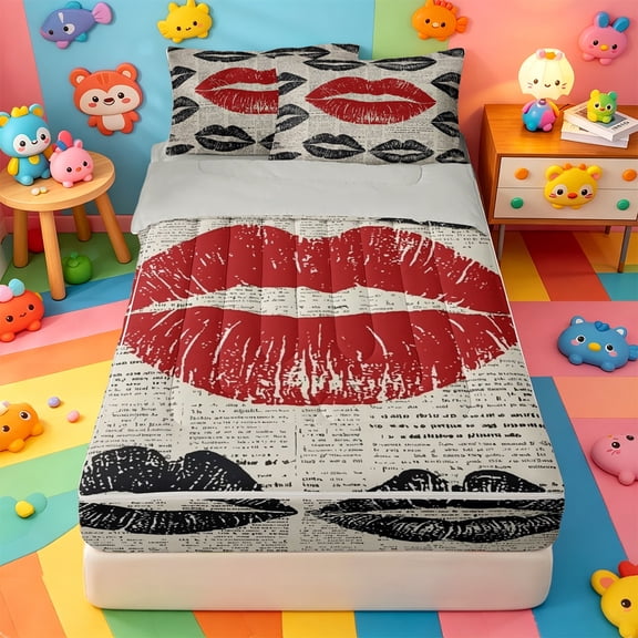 Erosebridal Vintage Red Lip Print Zipper Twin Comforter Sets with Fitted Sheet and 2 Pillowcases,Retro Black Kiss Fashion Zipper Bedding Set For Girls,Light Gray Reversible,4 Pieces