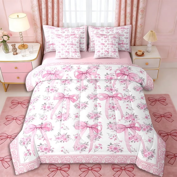 Erosebridal Vintage Ribbon Bow Bedding Comforter Set 7pcs for Girls Women,Romantic Floral Roses Queen Bedding Sets for Teens Adults,Pink Reversible,Breathable Home Decor