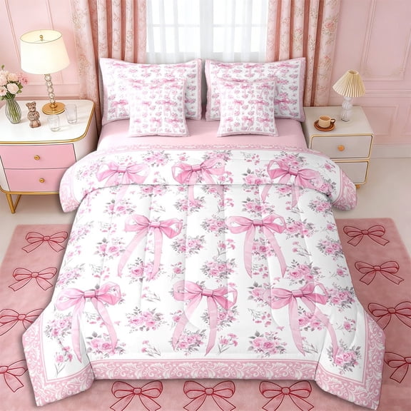 Erosebridal Vintage Ribbon Bow Twin Bedding Sets 7-Piece for Girls Women,Romantic Floral Roses Bedding Comforter Set for Teens Adults,Pink Reversible,Breathable Home Decor