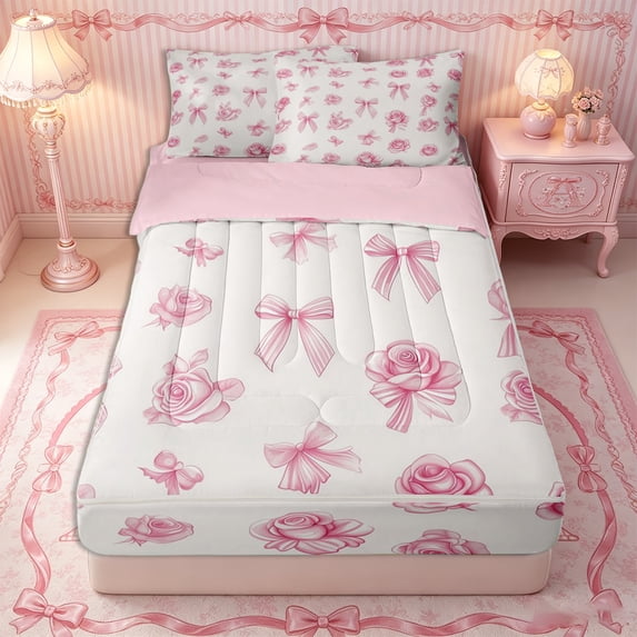 Erosebridal Vintage Rose Bow Zipper Queen Comforter Set with Fitted Sheet and 2 Pillowcases,Romantic Floral Line Art Zipper Bedding Set,Pink Ivory,4 Pieces,Pink Reversible