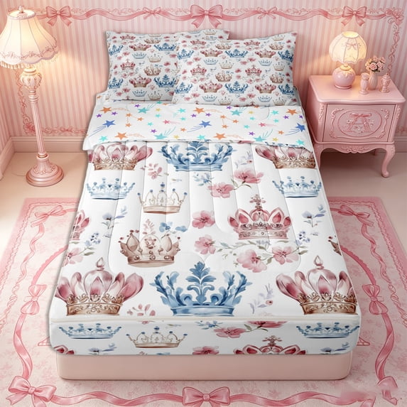 Erosebridal Vintage Royal Crown Zipper Full Size Comforter Sets with Fitted Sheet and 2 Pillowcases,Delicate Floral Star Accent Zipper Bedding Set,Blue Pink White,4pcs,Reversible