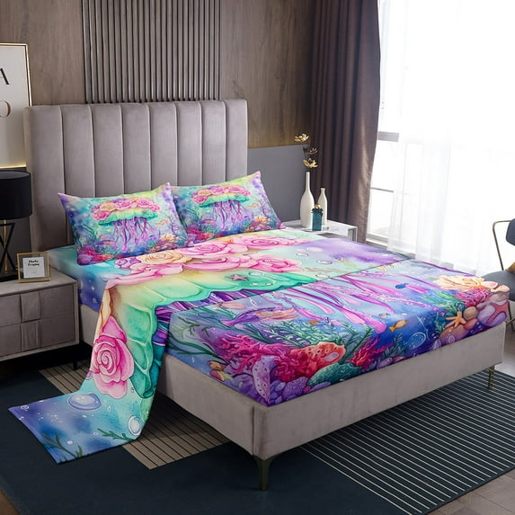 Erosebridal Cartoon Jellyfish Sheet Set Twin,Green Purple Bedding Sets Twin Size,Ocean Theme Decor,Breathable,3pcs