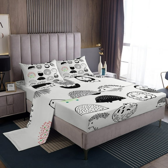 Erosebridal Cartoon Hedgehog Bed Sheets King,Kawaii Animal Bedding King Size,Teenager Bedroom Decor,Super Cozy,4pc