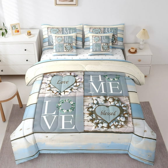 Erosebridal Vintage Rustic Bedding Queen Size,Farmhouse Lodge Cabin Bedding Sets Queen Size,Blue,Reversible,Lightweight,7 Pieces