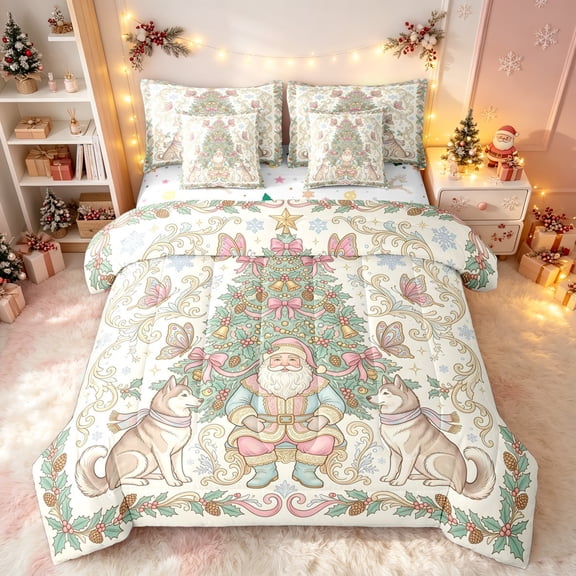 Erosebridal Vintage Santa Twin Bedding, Husky Xmas Tree Bedding Comforter Set, White Peach, Christmas Reversible, 7 Pieces