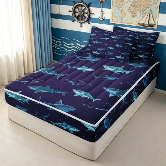 Erosebridal Vintage Sea Shark Zipper Queen Comforter Set with Fitted Sheet and 2 Pillowcases for Boys Men, Marine Animal Print Zipper Bedding Set, Navy Reversible, 4pcs
