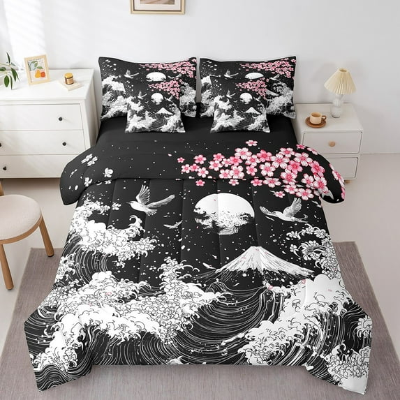 Erosebridal Vintage Sea Waves Bed in a Bag Queen size, Cherry Blossoms Bedding Queen Size, Tokyo Crane Reversible Comforter Sets with Sheets, Breathable Room Decoration, 7pcs