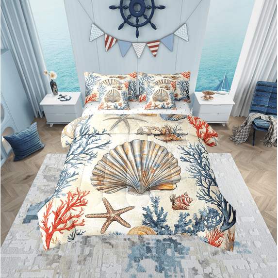 Erosebridal Vintage Seashell Bedding Twin Size, Ocean Starfish Bedding Sets Twin Size, Coral Bed Set, Breathable Bedroom Decorative, 7-Piece