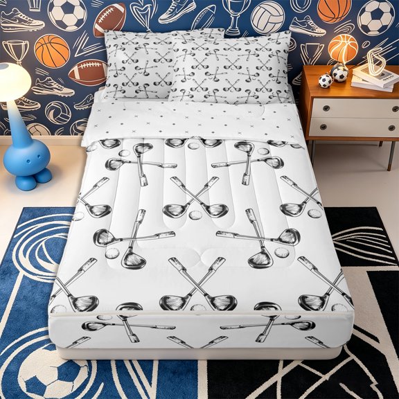 Erosebridal Vintage Sketch Golf Club Zipper Queen Comforter Set with Fitted Sheet and 2 Pillowcases,Minimalist Ball Zipper Bedding Set,Charcoal Gray White,Reversible