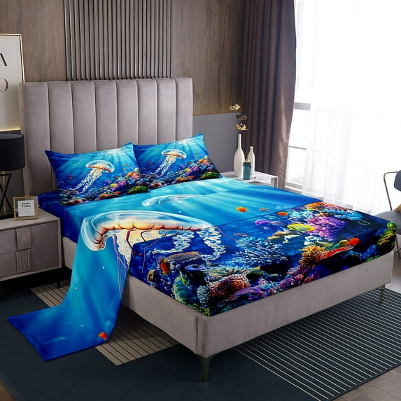 Erosebridal Marine Jellyfish Sheet Set Twin,Ocean Wildlife Bedding Sets Twin Size,Marine Decoration,Breathable,3pcs